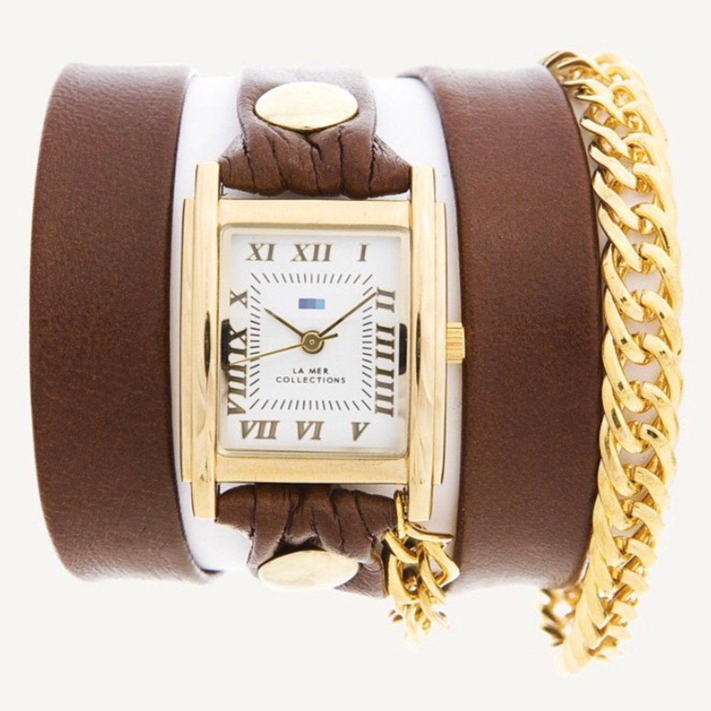 EUC La Mer Brown Leather Wrap Watch w/ Gold Chain